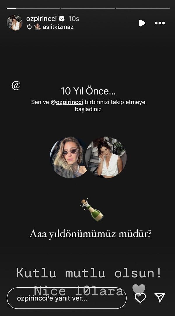 Özge Özpirinçci, Aslı Kızmaz ile takipleşmesinin 10. yıldönümünü kutladı.