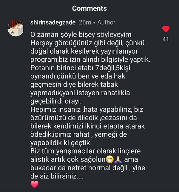 Yaşananlar ve gelen tepkiler üzerine Şirin, kendisine gelen bir yoruma verdiği cevapla duruma açıklık getirdi.