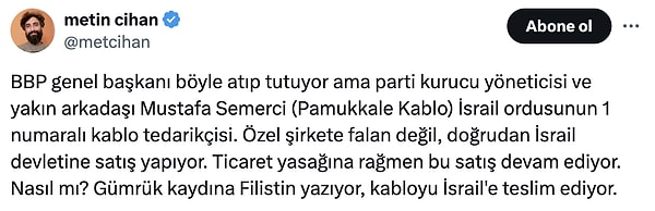 Gazeteci Metin Cihan ise bu paylaşımı tutarlı bulmadı; yakın arkadaşı ve partinin kurucu yöneticisi Mustafa Semerci'nin İsrail'le ticaretini anlattı.