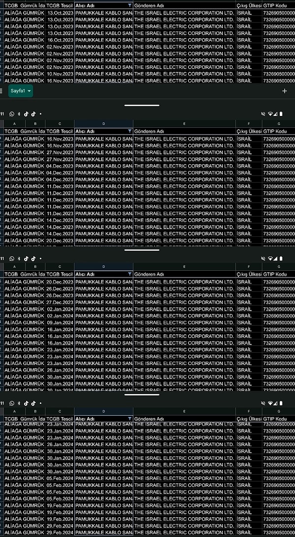 Pamukkale Kablo gümrük kayıtları. Alıcı Şirketin İsrail Devleti elektrik kurumu olduğunu görüyoruz.