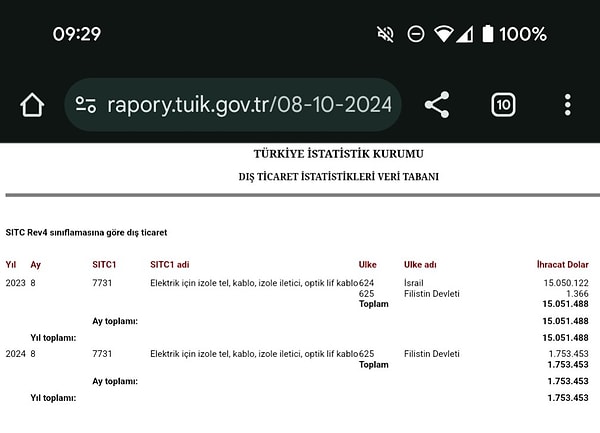 İsrail'e kablo ihracatının devam ettiğini ancak gümrük kayıtlarının Filistinmiş gibi tutulduğunu gösteren TÜİK verileri.