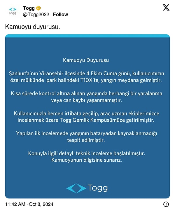 Konuyla ilgili Togg'dan ilk açıklama geldi. Yangının bataryadan kaynaklanmadığı ve detaylı incelemenin başlatıldığı aktarıldı.