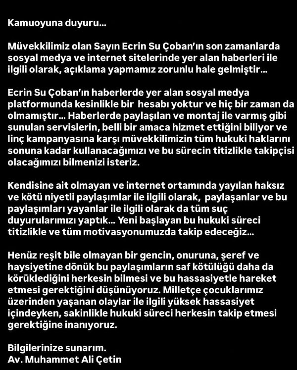 İşte Ecrin Su Çoban'ın avukatının yeni açıklaması 👇🏻