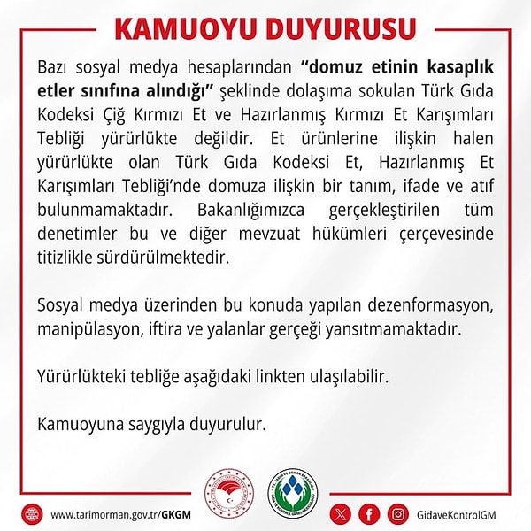 Tarım ve Orman Bakanlığı'nın domuz eti açıklaması 👇