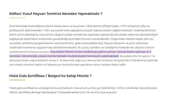 Köfteci Yusuf'un internet sitesindeki söz konusu bölümde etlerin nasıl temin edildiği ve helal sertifikasında öncü firma olduğu anlatılıyor 👇