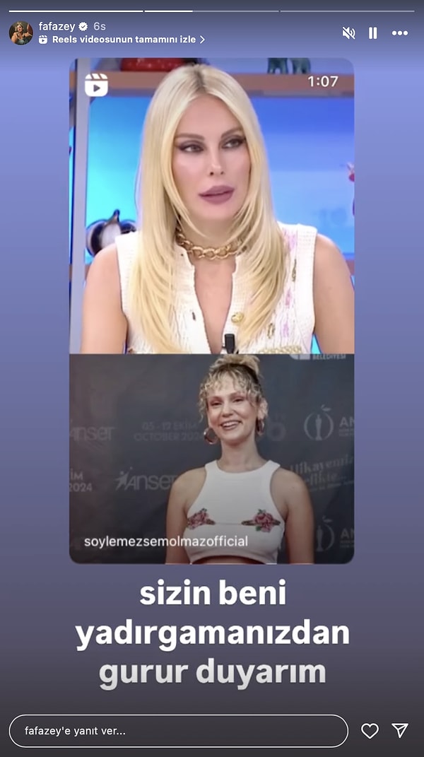 Söylemezsem Olmaz ekibinin Instagram hesabında "Farah Zeynep Abdullah ödül törenine iç çamaşırsız çıktı tepki topladı!" başlığıyla paylaştığı videoyu aynen hikayesine ekleyen Farah Zeynep Abdullah, "Sizin beni yadırgamanızdan saygı duyarım" notunu düştü!