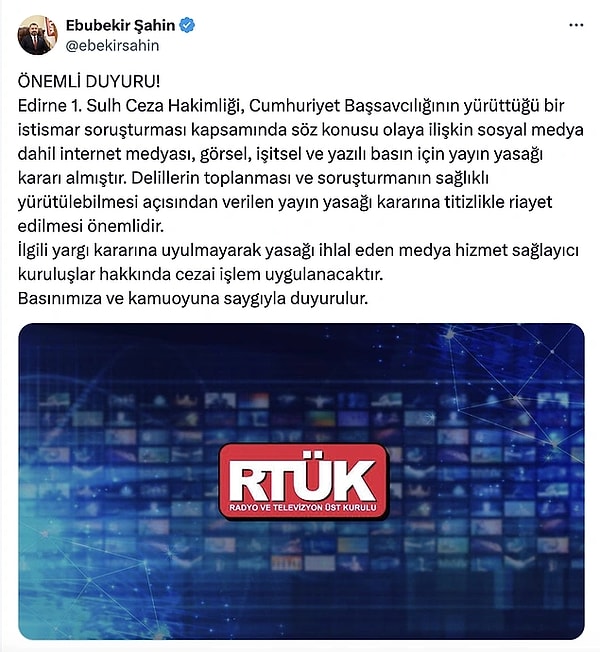 2. RTÜK Başkanı Ebubekir Şahin, "İstismar soruşturması kapsamında söz konusu olaya ilişkin" yayın yasağı getirildiğini açıkladı.