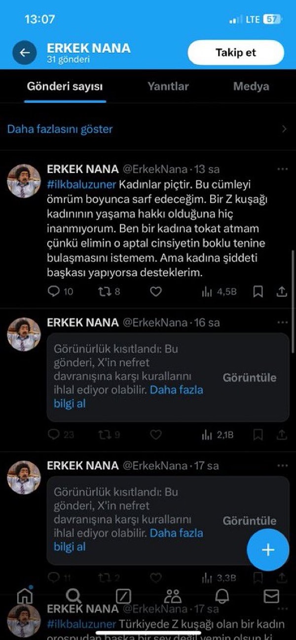 “Erkek Nana” isimli hesaptan yapılan ve E.S’ye ait olduğu öne sürülen paylaşımlar şöyle 👇