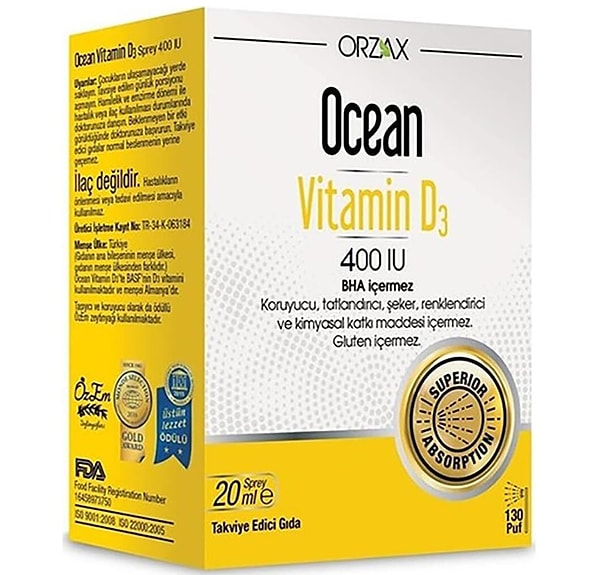 10. Ocean Vitamin D3 400 IU 130 Puf Oral Sprey (1 x 20 mL)