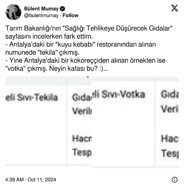 Gazeteci Bülent Mumay, listede ürünlerinden alkol çıkan iki restorana dikkat çekti.