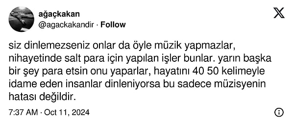 Ağaçkakan sahne adıyla bilinen Burkay Yalnız da bu konu hakkında bir açıklama yaptı. Kendisi, bu durumun "müzisyenin hatası olmadığını" savunuyor.