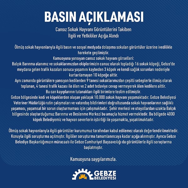 Gebze Belediyesi de yetkililerin açığa alındığını duyurdu.