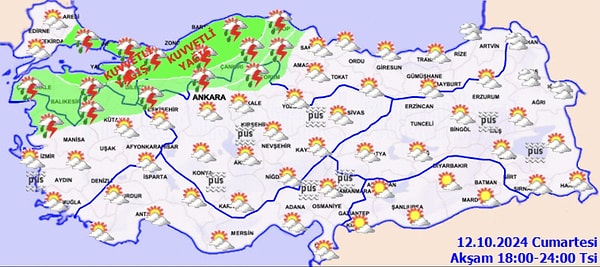 Marmara, Batı ve Orta Karadeniz ile Eskişehir, Çankırı, Giresun, Kars, Ardahan çevreleri ile Kütahya ve Ankara’nın kuzey kesimlerinde etkili olacak yağış gün içerisinde kuvvetini artıracak. Yağışın 13 Ekim Pazar gününün ilk dakikalarına kadar kuvvetli bir şekilde devam edeceği tahmin ediliyor.