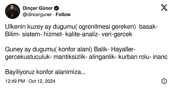 Güner, "Bayılıyoruz konfor alanına" diyerek astrolojik anlamda Güney Ay Düğümü ülkesi olduğumuza işaret etti.