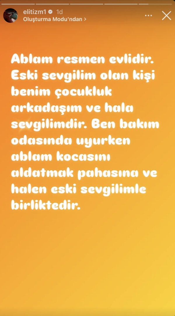 Son olarak ablasının resmen evli olduğunu ve kendisi uyurken ablasının sevgilisiyle birlikte olduğunu ima eden Candan, daha sonra son paylaşımını sildi 👇🏻