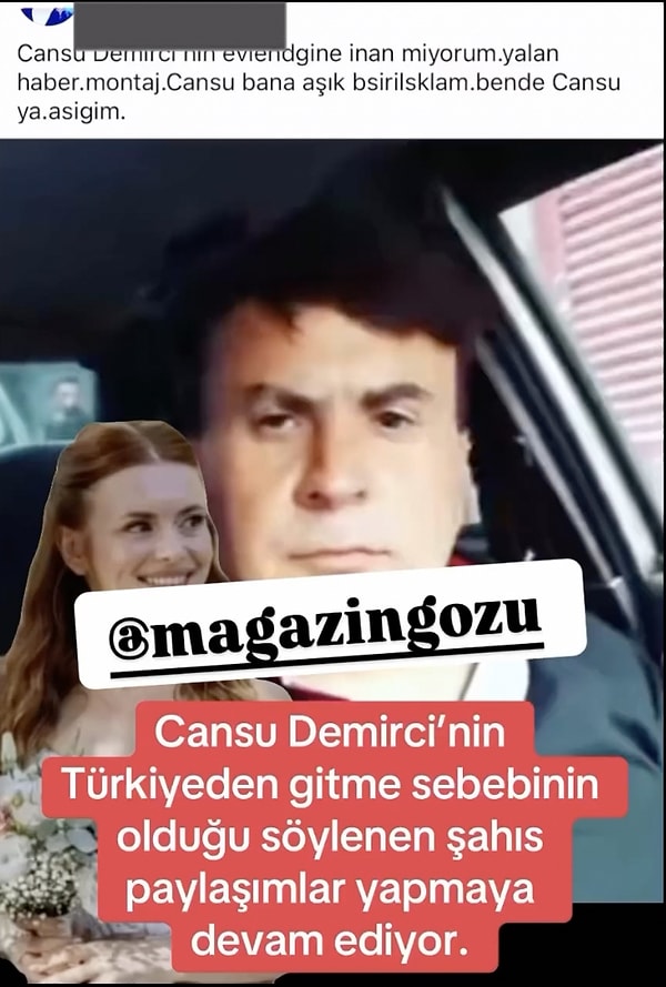 'Magazin Gözü' adlı bir Instagram sayfasının paylaşımına göre; ünlü ismin takıntılı hayranı olduğu ileri sürülen şahısın, "Cansu Demirci'nin evlendiğine inanmıyorum. Yalan haber, montaj. Cansu bana aşık sırılsıklam. Ben de Cansu'ya aşığım" dediği anlar tüyleri ürpertti.