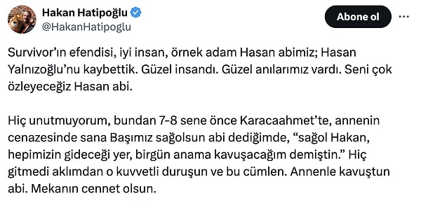 İşte Hakan Hatipoğlu'nun Hasan Yalnızoğlu'na vedası: