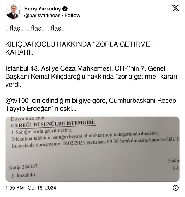 Kararı Barış Yarkadaş X hesabından paylaştı.