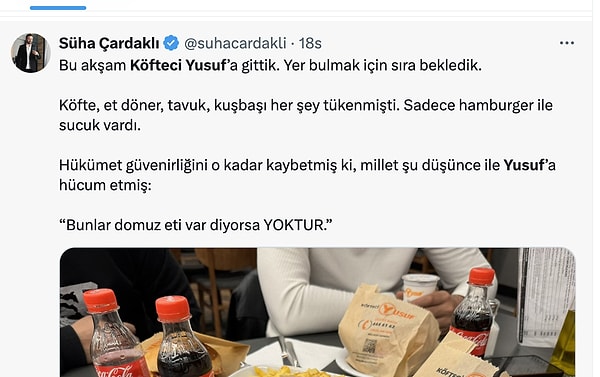 Gazeteci Süha Çardaklı'nın Köfteci Yusuf'a gidip sıra beklediğini söylediği paylaşım ise 1 milyondan fazla görüntülenme almış durumda 👇