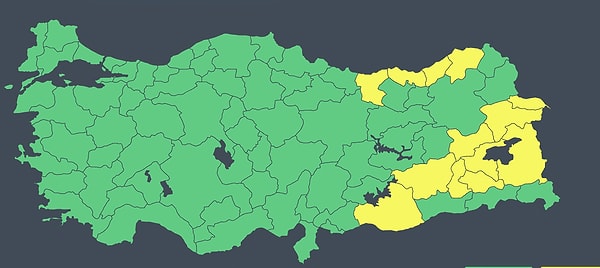 Sarı kodlu uyarı yapılan kentler şöyle: Ağrı, Bitlis, Giresun, Rize, Trabzon, Van, Iğdır, Artvin, Diyarbakır, Muş, Siirt, Şanlıurfa, Batman.