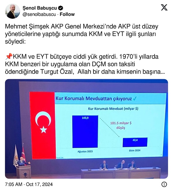 Başkent Üniversitesi Uluslararası Finans ve Bankacılık Bölüm Başkanı Prof. Dr. Şenol Babuşcu, Hazine ve Maliye Bakanı Mehmet Şimşek’in AK Parti Genel Merkezi’nde AK Partili üst düzey yöneticilere yaptığı bir sunumu paylaştı.