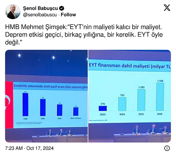 Şimşek'in EYT'den rahatsızlığını şu sözlerle dile getirdi: "EYT'nin maliyeti kalıcı bir maliyet. Deprem etkisi geçici, birkaç yıllığına, bir kerelik. EYT öyle değil."