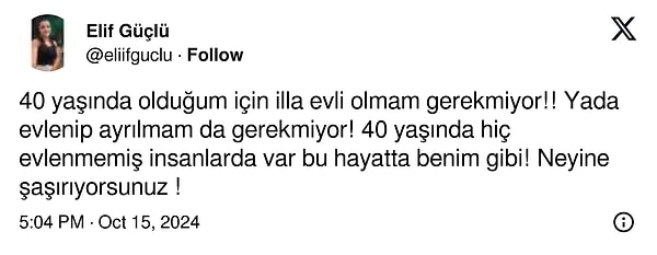 Sosyal medya platformu X üzerinden "40 yaşında olduğum için illa evli olmam gerekmiyor!" diyerek isyan eden kişi halkın sesi oldu. 👇