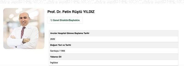 Hastanenin internet sitesinde ‘Hekimlerimiz’ kısmında Yıldız, ‘Genel Direktör/Başhekim’ ifadeleriyle yer alıyor.