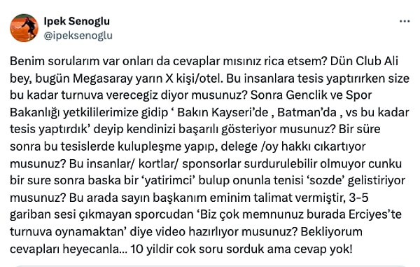 Şenoğlu bu paylaşımı alıntılayarak federasyona bir takım sorular sordu, bu soruların belki de en ilginci "memnuniyet videosu" üzerineydi: