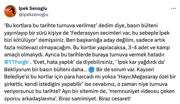 İpek Şenoğlu bu kez bu paylaşımı alıntılayarak "Ben başkanlığa aday değilim" dedi ve federasyonun paylaşımına karşı düşüncelerini dile getirdi.