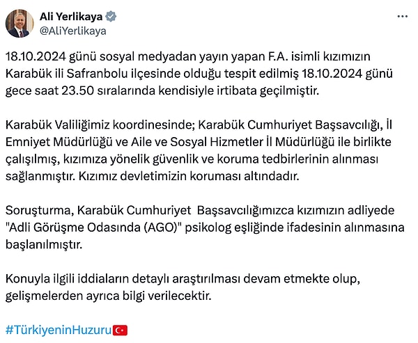 Bakan Ali Yerlikaya'nın konuyla ilgili açıklaması şöyle: