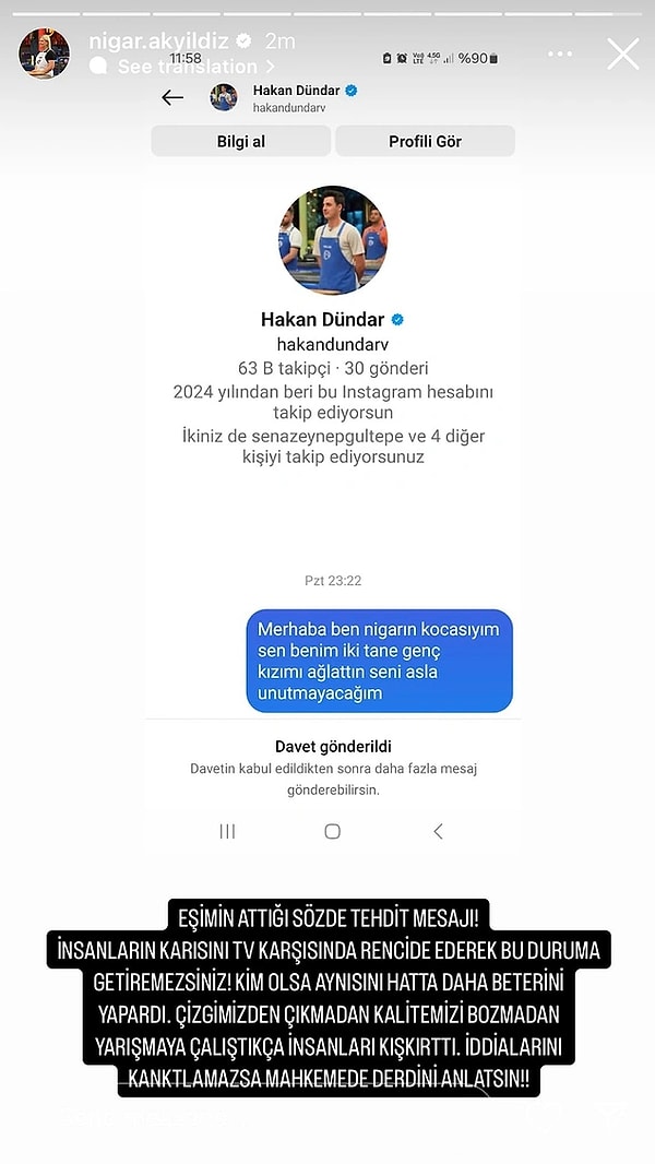 Nigar ise eşinin Hakan'a gönderdiği ve Hakan'ın tehdit olarak algıladığı mesajın bu olduğunu belirtti.