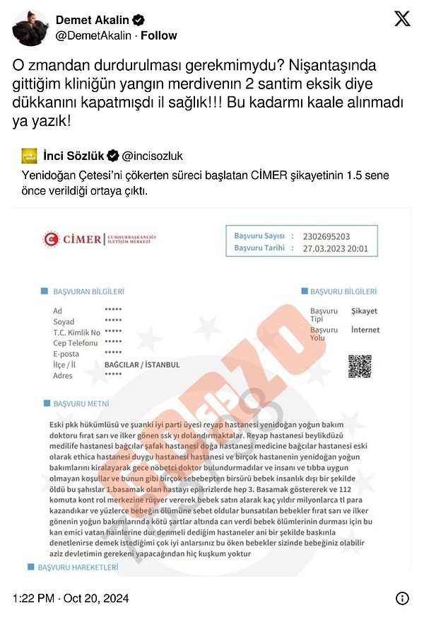 Demet Akalın, ''O zaman durdurulması gerekmiyor muydu? Nişantaşı'nda gittiğim kliniğin yangın merdiveni iki santim eksik diye dükkanı kapatmıştı il sağlık. Bu kadar mı kaale alınmadı ya, yazık!''👇