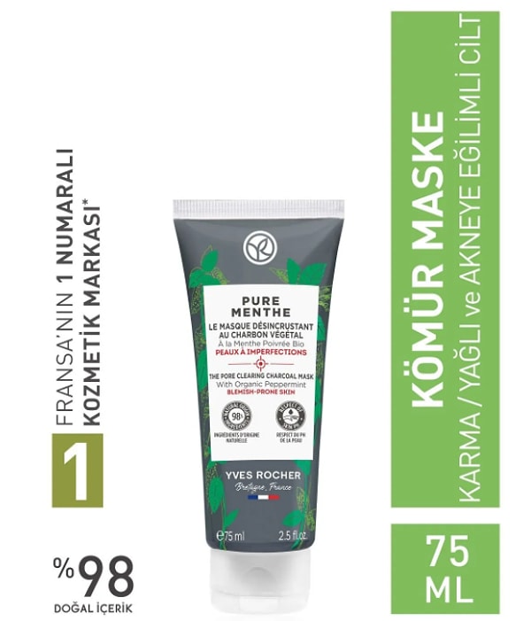 1. Yves Rocher Karma, Yağlı Ve Akneye Eğilimli Ciltler Için Pure Menthe Kömür Maske-75 ml