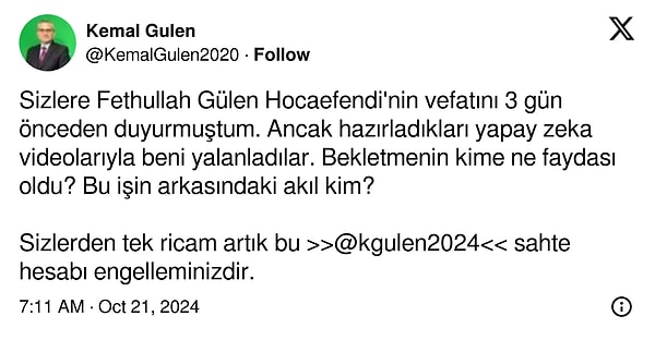 Fethullah Gülen'in ölümünün ardından Kemal Gülen'den yeni paylaşım.