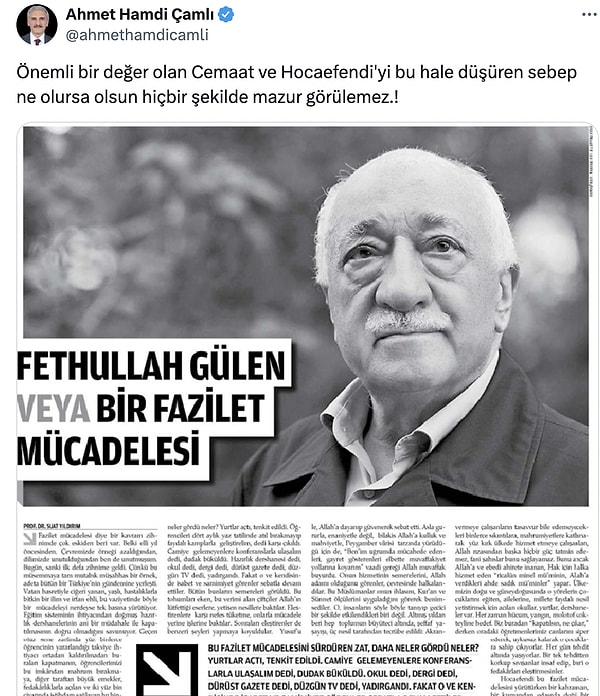 Çamlı, 2017 yılında Fethullah Gülen ile ilgili şu sözleri yazmıştı 👇