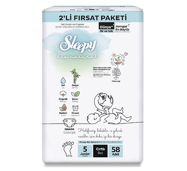 1. Sleepy Bio Natural 2'li Fırsat Paketi Bebek Bezi 5 Numara Junior 58 Adet Cırtlı Bez