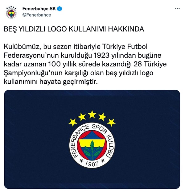 Hatırlarsınız, Fenerbahçe 2022 yılında alınan bir kararla beş yıldızlı logosunu kullanmaya başlamıştı.