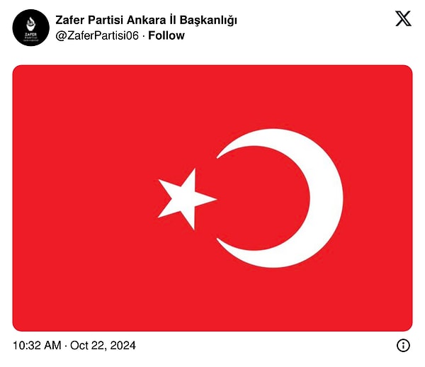 Zafer Partisi Ankara İl Başkanlığı bugün remi Twitter (X) hesabı üzerinden ters bayrak paylaştı. Sabitlenen gönderi kısa sürede gündem oldu.