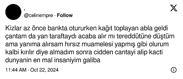 Bir Twitter (X) kullanıcısının geçtiğimiz saatlerde yaşadıkları ise insanlığa olan güvenimizi tam anlamıyla yıkacak türden. Kullanıcı, kağıt toplayan bir kadının, çantasını nasıl çaldığını böyle anlattı👇