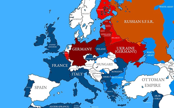 6. Almanya'nın Birinci Dünya Savaşı'nda Müttefiklere teslim olduğu gün, Avrupa'nın haritası.