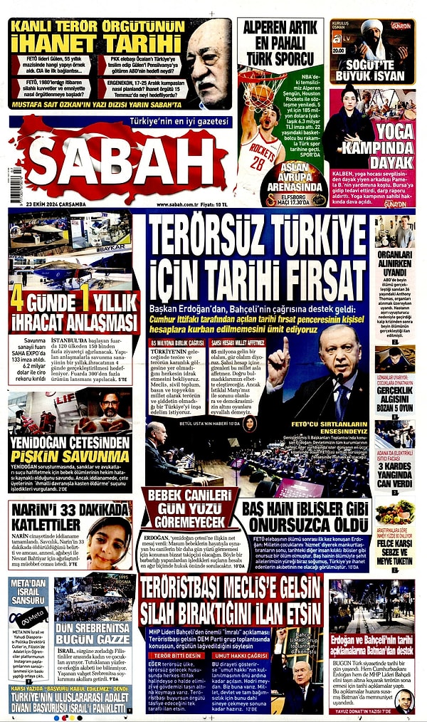 Sabah gazetesi Cumhurbaşkanı Erdoğan’ın “Terörsüz Türkiye İçin Tarihi Fırsat” sözlerini manşete taşırken MHP lideri Devlet Bahçeli’nin çıkışına ise ufak bir yer ayırdı👇🏻