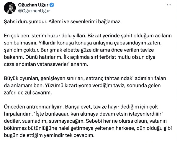 Uğur'un "Şahsi duruşumdur. Ailemi ve sevenlerimi bağlamaz." diye başladığı o yazısı şöyle 👇