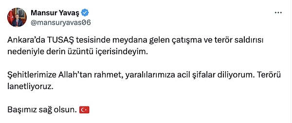 Ankara Büyükşehir Belediye Başkanı Mansur Yavaş da terör saldırısı sonrası sosyal medya hesabından paylaşım yaptı 👇