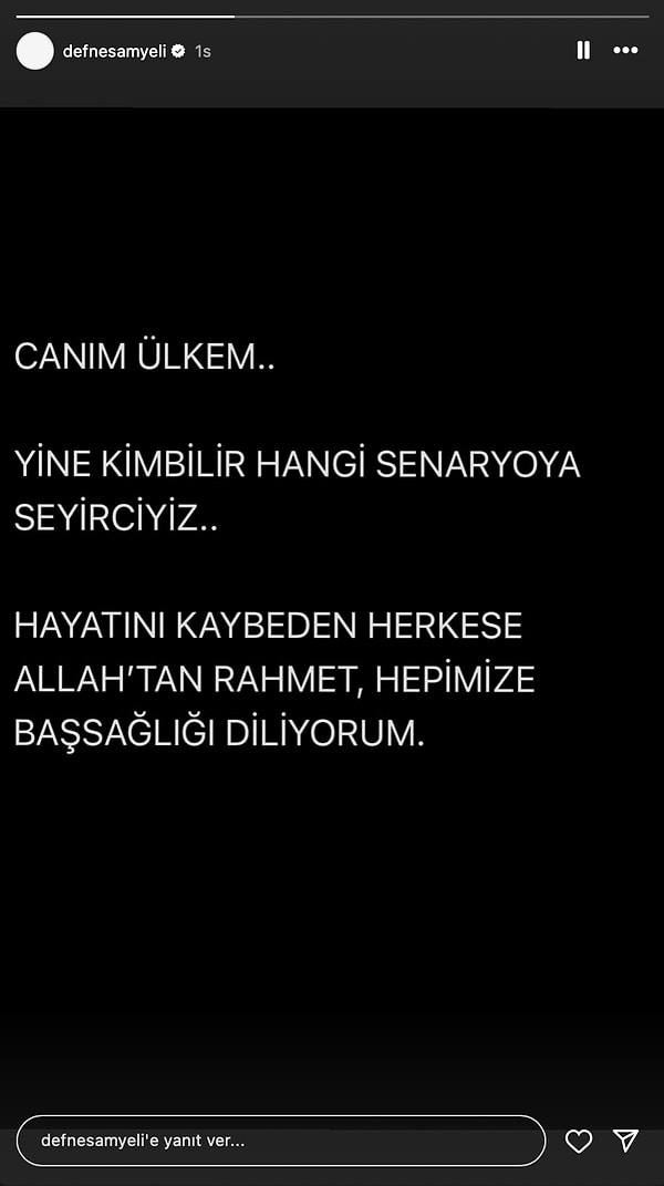 Samyeli sosyal medya hesabından yaptığı açıklamada "Canım ülkem... Yine kim bilir hangi senaryoya seyirciyiz... Hayatını kaybeden herkese Allah'tan rahmet, hepimize başsağlığı diliyorum." ifadelerine yer verdi.