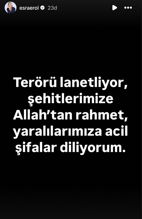 Ünlü sunucu kişisel hesabından yaptığı paylaşımla da şehitlerimize rahmet, yaralılara acil şifalar dilediğini dile getirdi.