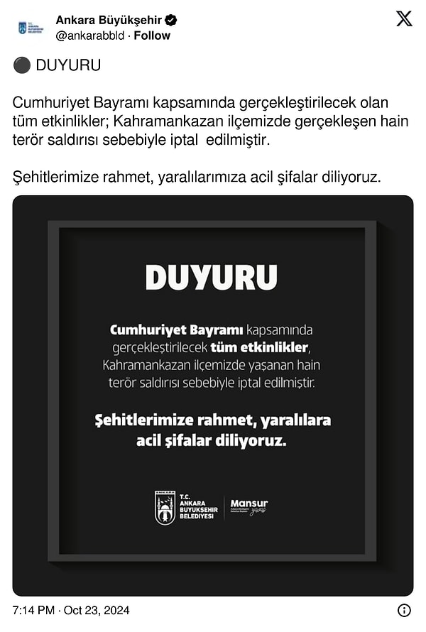 Ankara Büyükşehir Belediyesi, sosyal medya hesabından yaptığı paylaşımla duyurdu;