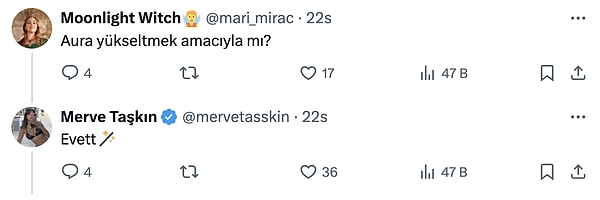 Cinsel perhize girmesinin nedenini de bir kullanıcının sorusuyla açıklayan Taşkın bunun "aura yükseltmek için" olduğunu belirtti.