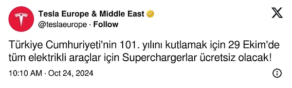 İşte, Tesla Europe & Middle East hesabı üzerinden yapılan kampanya bildirimi 👇