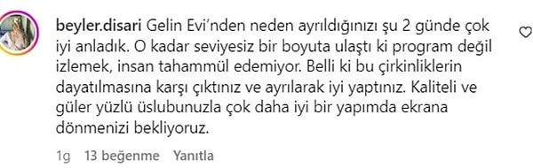 Ezgi Sertel'in sosyal medya hesabına yorum yağdıran Gelin Evi izleyicileri bir türlü yanıt alamazken Sertel'in bu tavrı Gelin Evi'nden ayrıldığı iddialarını daha da güçlendirdi.